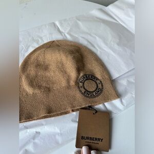 Burberry Camel/Tan Beanie Hat with Black Logo Cashmere